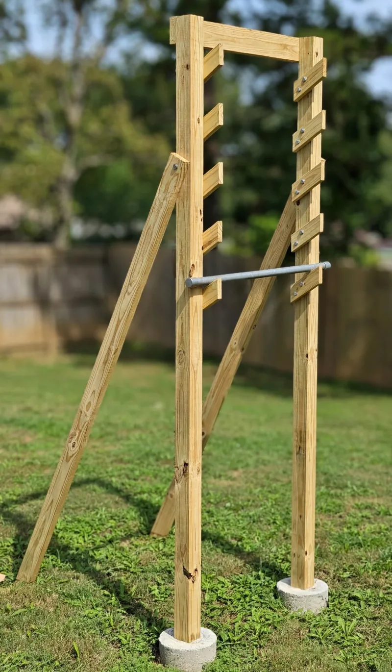 Illustrative wooden Salmon Ladder with a metal bar